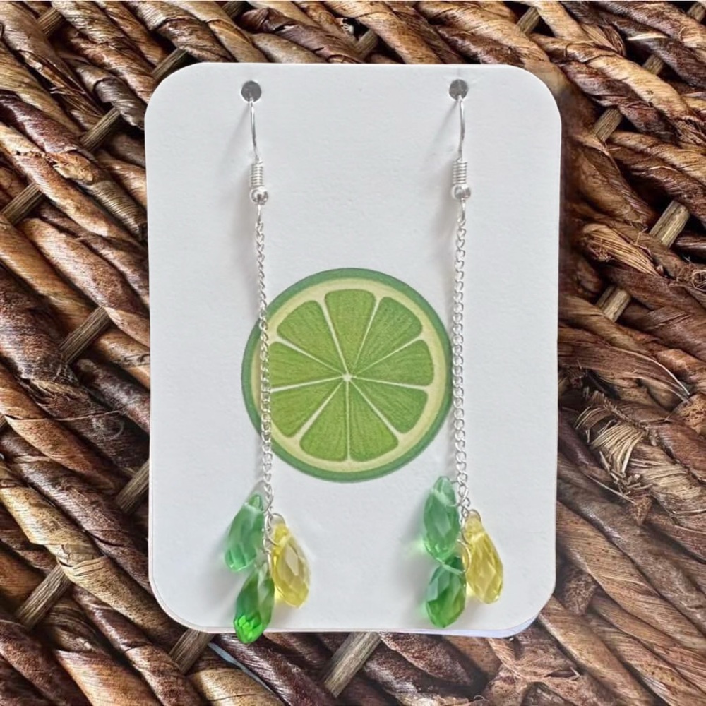 Beautiful New Handmade Green/Yellow and Silver-Tone Raindrop Earrings (3.4" long